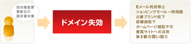 担当者変更、更新忘れ、請求書未着→ドメイン失効→Eメール利用停止、ショッピングモール一時閉鎖、企業ブランド低下、信頼感低下、ホームページ閲覧不可、悪質サイトへの流用、第3者の買い取り